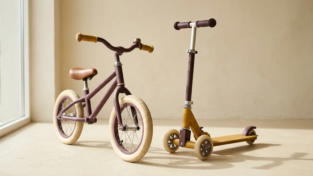 Detský bicykel a kolobežka postavené vedľa seba na chodníku.